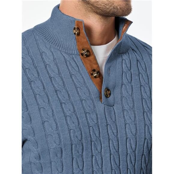 NEW Men's Cable Knit Pullover Sweater Casual Long Sleeve Stand Collar - Picture 5 of 6